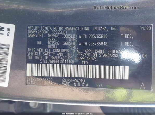 5TDHZRBH6LS011148 2020 TOYOTA HIGHLANDER Gray Widok komory silnika