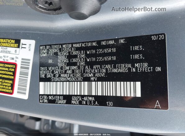 5TDHZRBH7MS065382 2021 TOYOTA HIGHLANDER Light Blue ძრავის განყოფილების ხედი