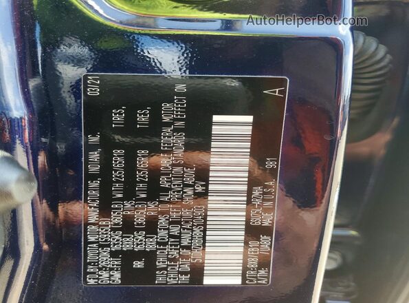 5TDHZRBH8MS104903 2021 TOYOTA HIGHLANDER Blue Widok naklejki z numerem VIN