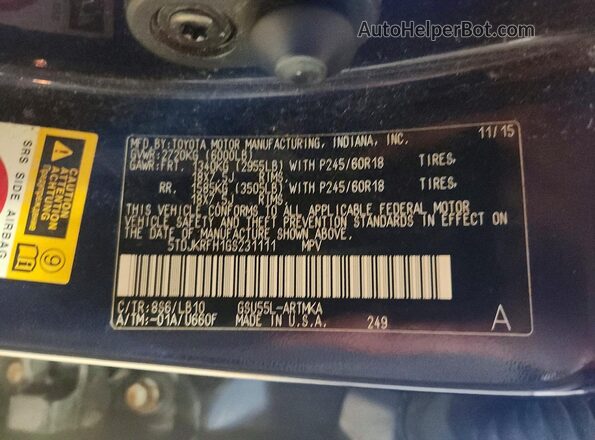 5TDJKRFH1GS231111 2016 TOYOTA HIGHLANDER Blue VIN sticker view