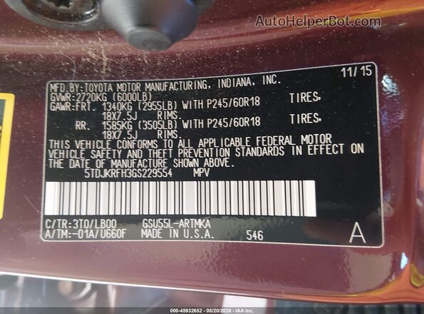 5TDJKRFH3GS229554 2016 TOYOTA HIGHLANDER Red ძრავის განყოფილების ხედი
