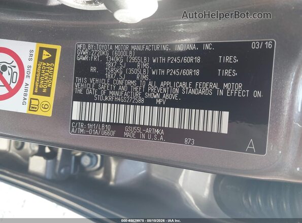 5TDJKRFH4GS272588 2016 TOYOTA HIGHLANDER Gray Вид підкапотного простору