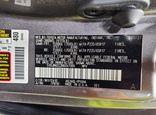 5TDJRKEC2MS047994 2021 TOYOTA SIENNA Gray VIN կոդի պիտակի տեսք