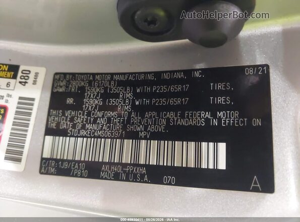 5TDJRKEC4MS063971 2021 TOYOTA SIENNA Серебряный Вид подкапотного пространства