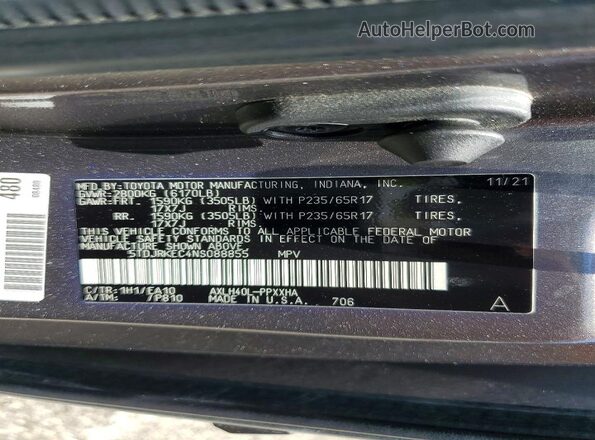 5TDJRKEC4NS088855 2022 TOYOTA SIENNA Charcoal Widok naklejki z numerem VIN