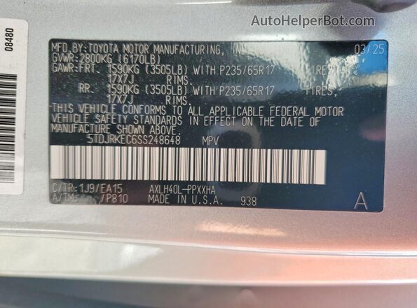5TDJRKEC6SS248648 2025 TOYOTA SIENNA Silver VIN sticker view
