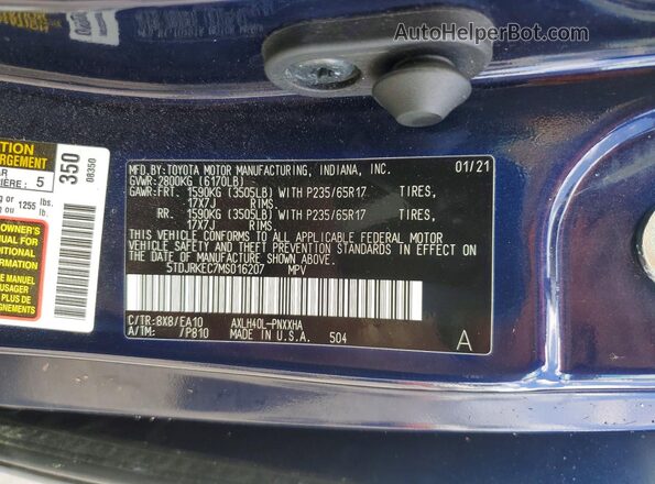 5TDJRKEC7MS016207 2021 TOYOTA SIENNA Blue VIN կոդի պիտակի տեսք