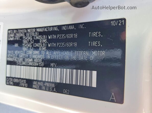 5TDJRKEC8NS084159 2022 TOYOTA SIENNA White VIN sticker view