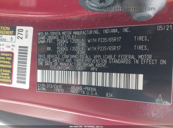 5TDJSKFC4MS023943 2021 TOYOTA SIENNA Red ძრავის განყოფილების ხედი