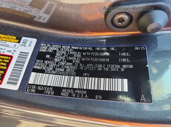 5TDJSKFC4SS201265 2025 TOYOTA SIENNA Gray VIN sticker view