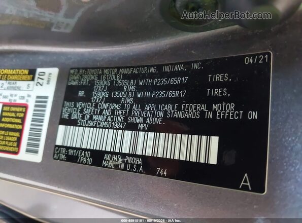5TDJSKFCXMS019847 2021 TOYOTA SIENNA Серый Вид подкапотного пространства