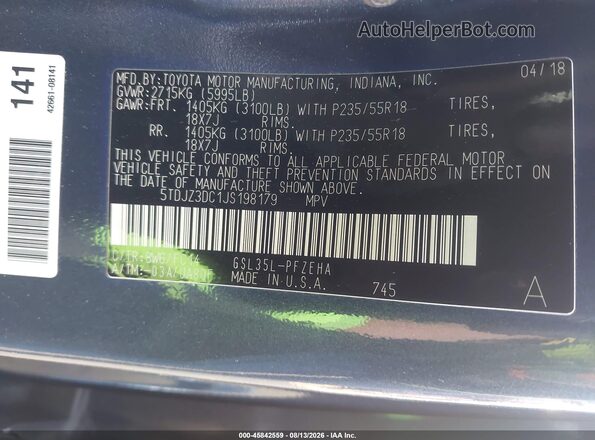 5TDJZ3DC1JS198179 2018 TOYOTA SIENNA Dark Blue Շարժիչի բաժամունքի տեսք