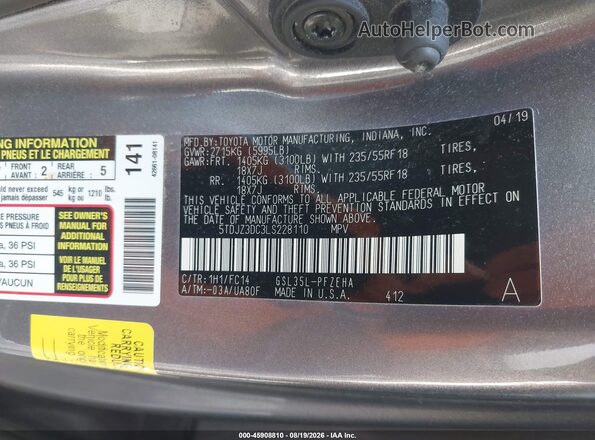 5TDJZ3DC3LS228110 2020 TOYOTA SIENNA Gray Engine compartment view