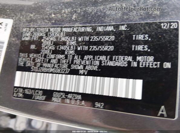 5TDJZRBH9MS083237 2021 TOYOTA HIGHLANDER Gray Engine compartment view