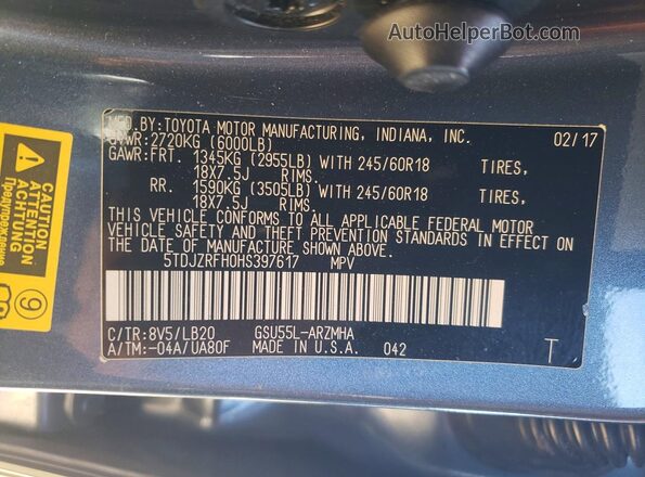 5TDJZRFH0HS397617 2017 TOYOTA HIGHLANDER Blue Вид наклейки з VIN-кодом