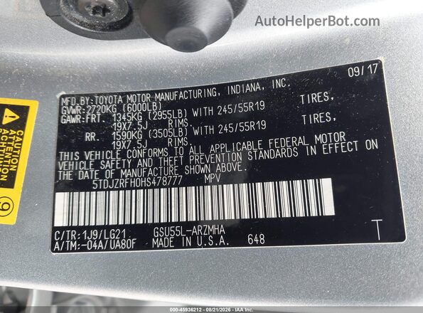 5TDJZRFH0HS478777 2017 TOYOTA HIGHLANDER Silver Widok komory silnika
