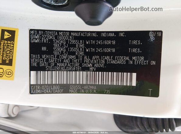 5TDJZRFH0JS858191 2018 TOYOTA HIGHLANDER White Widok komory silnika