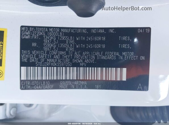 5TDJZRFH0KS597050 2019 TOYOTA HIGHLANDER Белый Вид подкапотного пространства