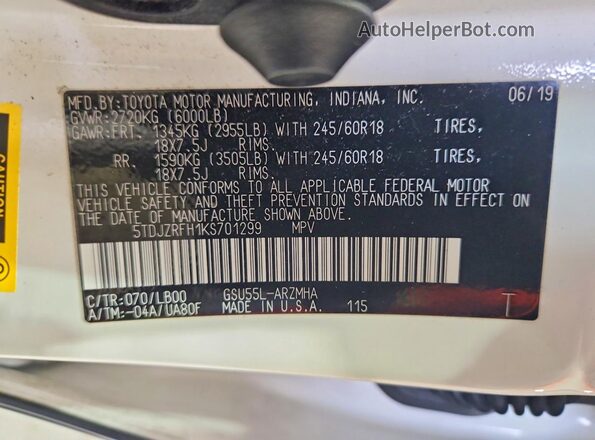 5TDJZRFH1KS701299 2019 TOYOTA HIGHLANDER White 360 interior view