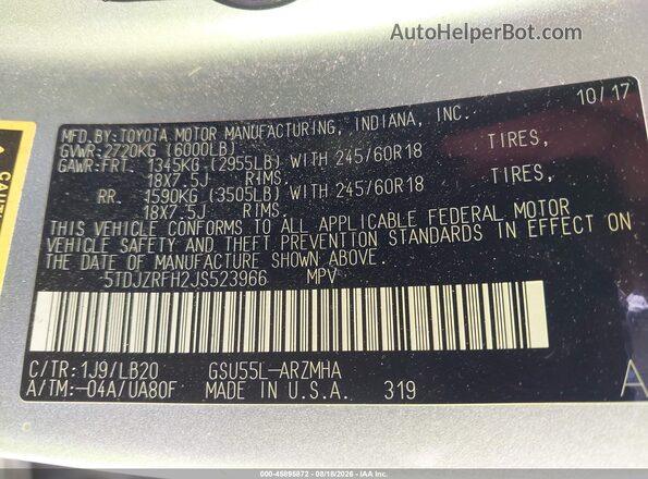 5TDJZRFH2JS523966 2018 TOYOTA HIGHLANDER Silver Vista del compartimento del motor