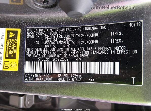 5TDJZRFH2KS932552 2019 TOYOTA HIGHLANDER Gray Շարժիչի բաժամունքի տեսք