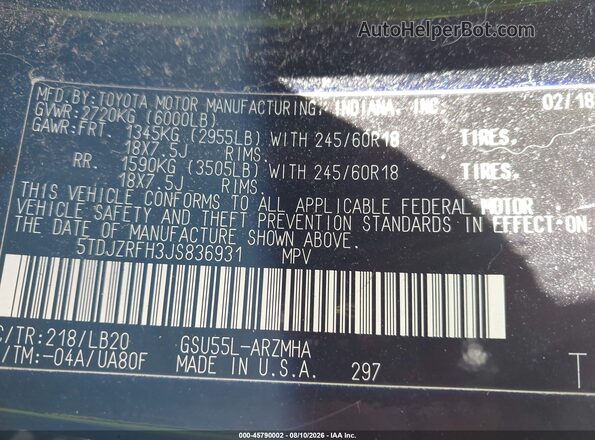 5TDJZRFH3JS836931 2018 TOYOTA HIGHLANDER Black Vista del compartimento del motor
