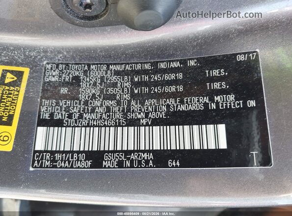 5TDJZRFH4HS466115 2017 TOYOTA HIGHLANDER Gray ძრავის განყოფილების ხედი