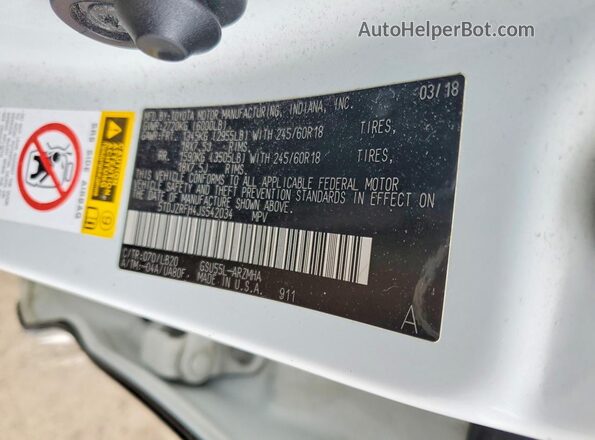 5TDJZRFH4JS542034 2018 TOYOTA HIGHLANDER White VIN sticker view