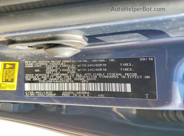 5TDJZRFH4KS920614 2019 TOYOTA HIGHLANDER Blue VIN კოდის სტიკერის ხედი