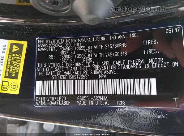 5TDJZRFH5HS426531 2017 TOYOTA HIGHLANDER Черный Вид подкапотного пространства