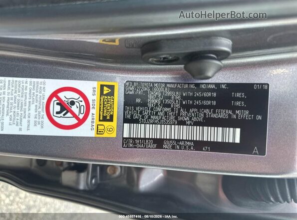 5TDJZRFH5JS535979 2018 TOYOTA HIGHLANDER Gray ძრავის განყოფილების ხედი