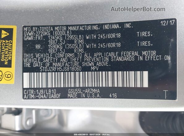 5TDJZRFH5JS818060 2018 TOYOTA HIGHLANDER Silver Vista del compartimento del motor