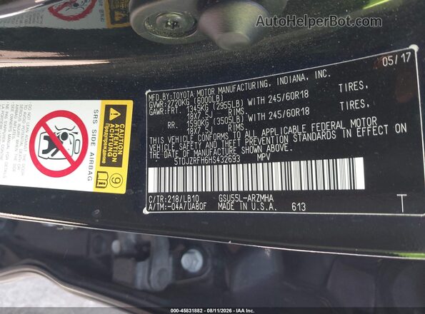 5TDJZRFH6HS432693 2017 TOYOTA HIGHLANDER Black Շարժիչի բաժամունքի տեսք