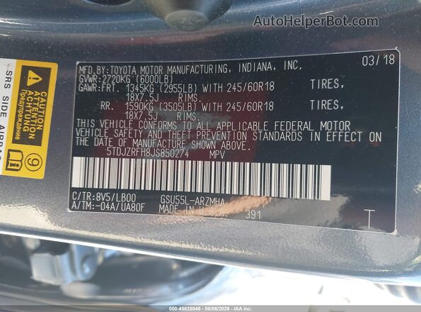 5TDJZRFH8JS850274 2018 TOYOTA HIGHLANDER Blue Շարժիչի բաժամունքի տեսք