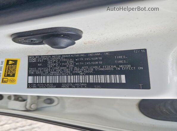 5TDJZRFH9HS365474 2017 TOYOTA HIGHLANDER Белый Панорамный вид салона 360°