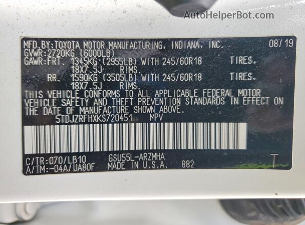 5TDJZRFHXKS720451 2019 TOYOTA HIGHLANDER White VIN კოდის სტიკერის ხედი