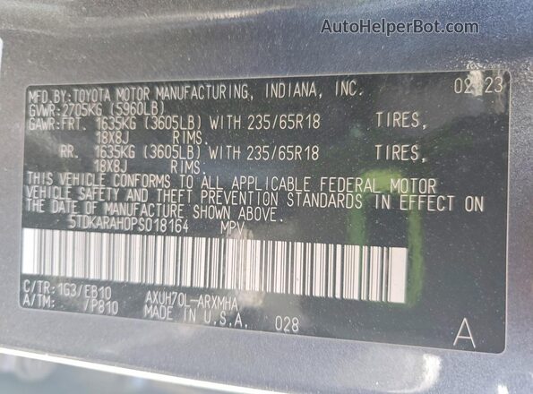5TDKARAH0PS018164 2023 TOYOTA HIGHLANDER Gray Вид наклейки з VIN-кодом