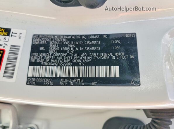 5TDKARAH2PS522800 2023 TOYOTA HIGHLANDER White Вид наклейки з VIN-кодом