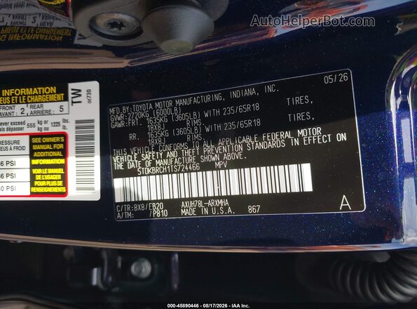 5TDKBRCH1TS724466 2026 TOYOTA HIGHLANDER Blue Vista del compartimento del motor