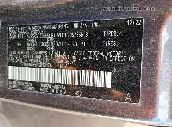 5TDKDRAH5PS013176 2023 TOYOTA HIGHLANDER Gray VIN sticker view
