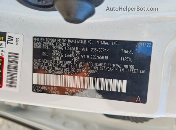 5TDKDRAH6PS011257 2023 TOYOTA HIGHLANDER White VIN կոդի պիտակի տեսք