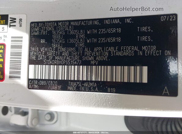 5TDKDRBH0PS515477 2023 TOYOTA HIGHLANDER White Widok komory silnika