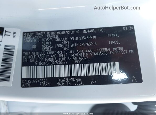 5TDKDRBH3RS536682 2024 TOYOTA HIGHLANDER White Widok komory silnika