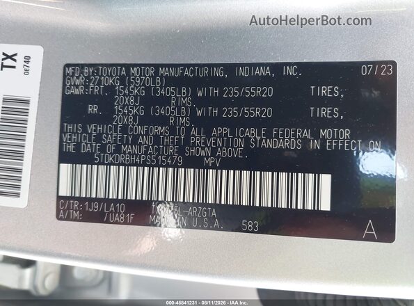 5TDKDRBH4PS515479 2023 TOYOTA HIGHLANDER Silver Вид підкапотного простору