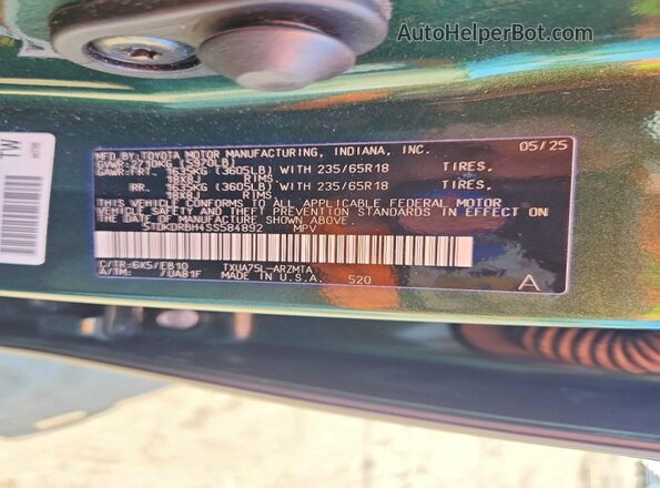 5TDKDRBH4SS584892 2025 TOYOTA HIGHLANDER Green VIN კოდის სტიკერის ხედი
