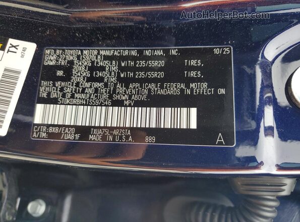 5TDKDRBH4TS597546 2026 TOYOTA HIGHLANDER Blue Панорамний вид салону 360°