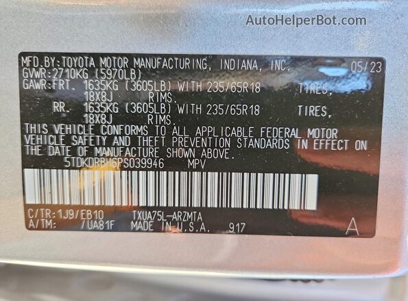 5TDKDRBH6PS039946 2023 TOYOTA HIGHLANDER Silver VIN sticker view