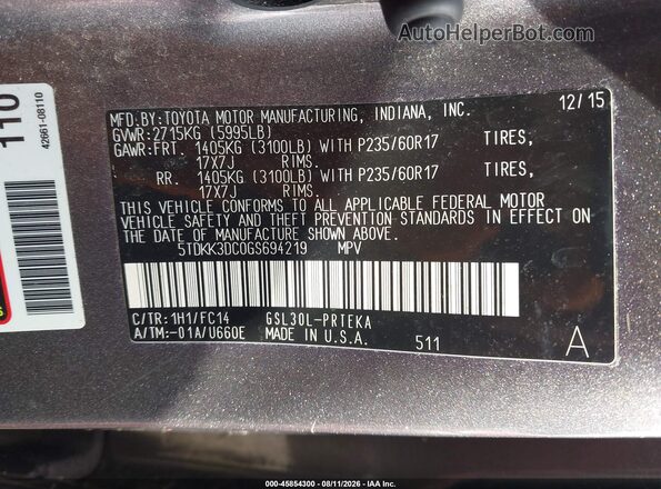 5TDKK3DC0GS694219 2016 TOYOTA SIENNA Gray Vista del compartimento del motor