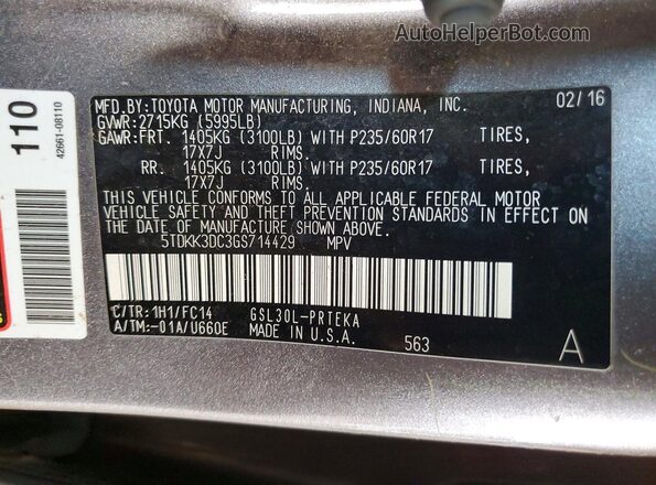 5TDKK3DC3GS714429 2016 TOYOTA SIENNA Gray Vista de la etiqueta del VIN