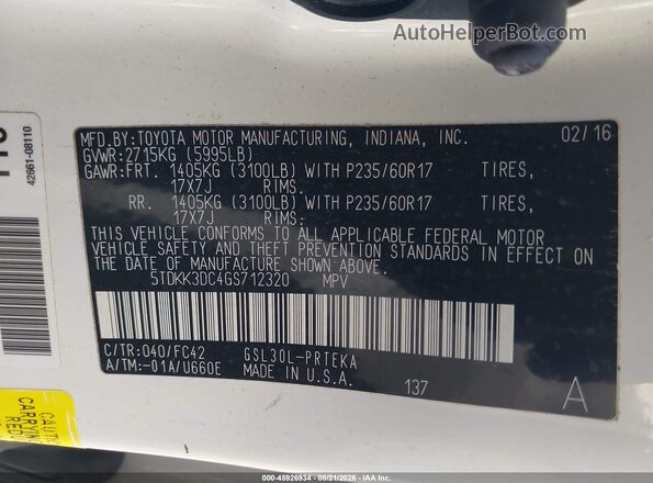 5TDKK3DC4GS712320 2016 TOYOTA SIENNA Белый Вид подкапотного пространства